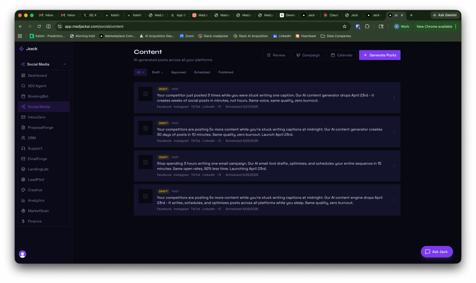 MadJack customer dashboard showing AI-generated social media content drafts